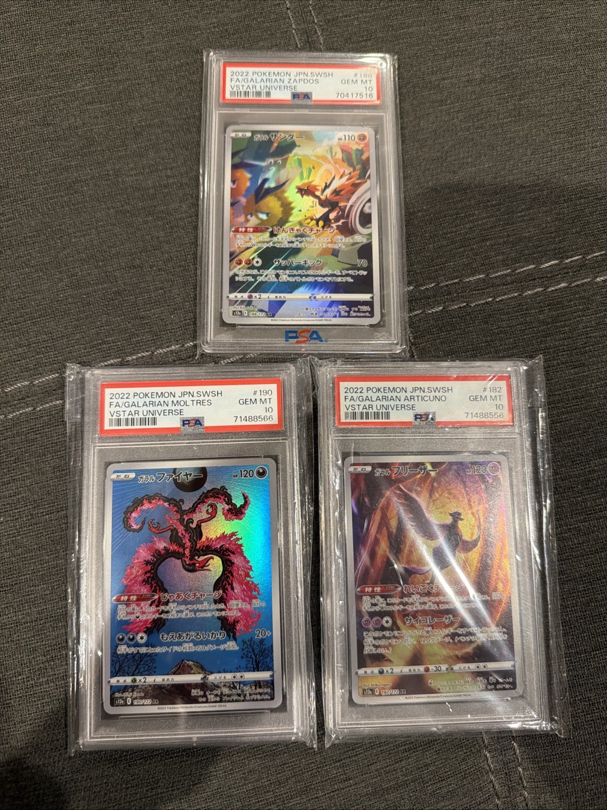 Galarian Moltres, Zapdos, and Articuno PSA 10 Japanese 2022 Vstar Universe