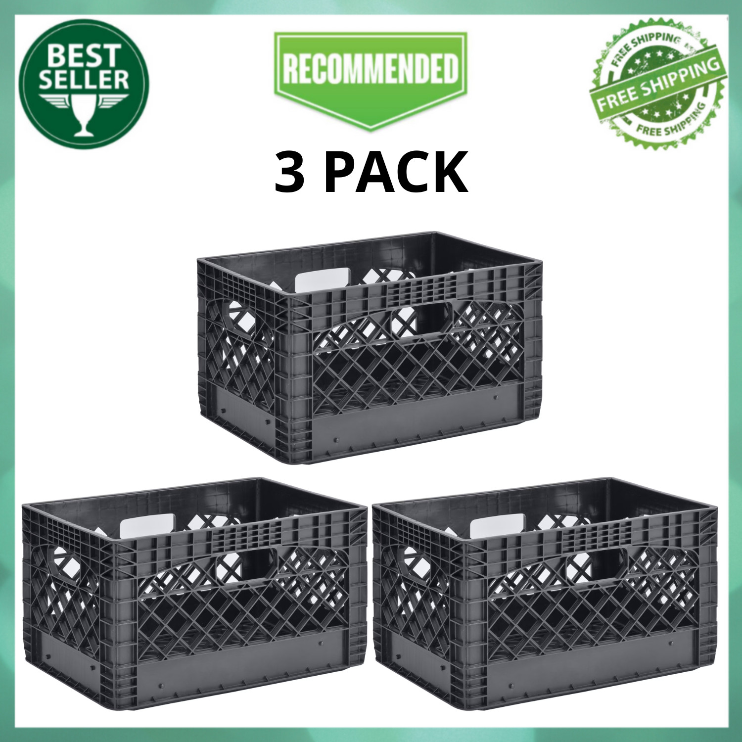 Juggernaut Storage 24QT Plastic Heavy-Duty Milk Crate, Black, 3 Pack