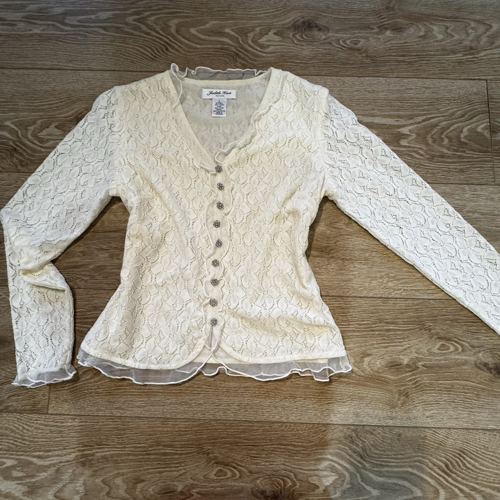 Judith Hart Ivory Sheer Open-Knit Button Front V-Neck Cardigan Sweater M
