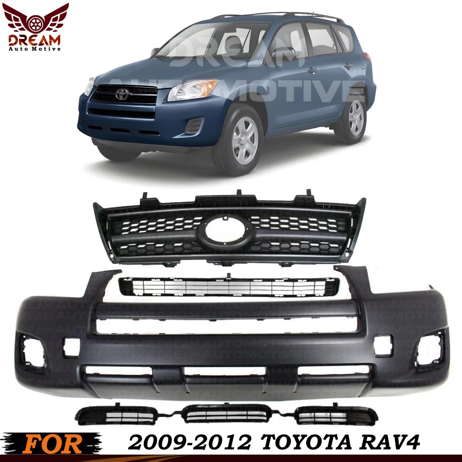 Front Bumper Cover Fascia & Grille Assembly Kit For 2009-2012 Toyota RAV4