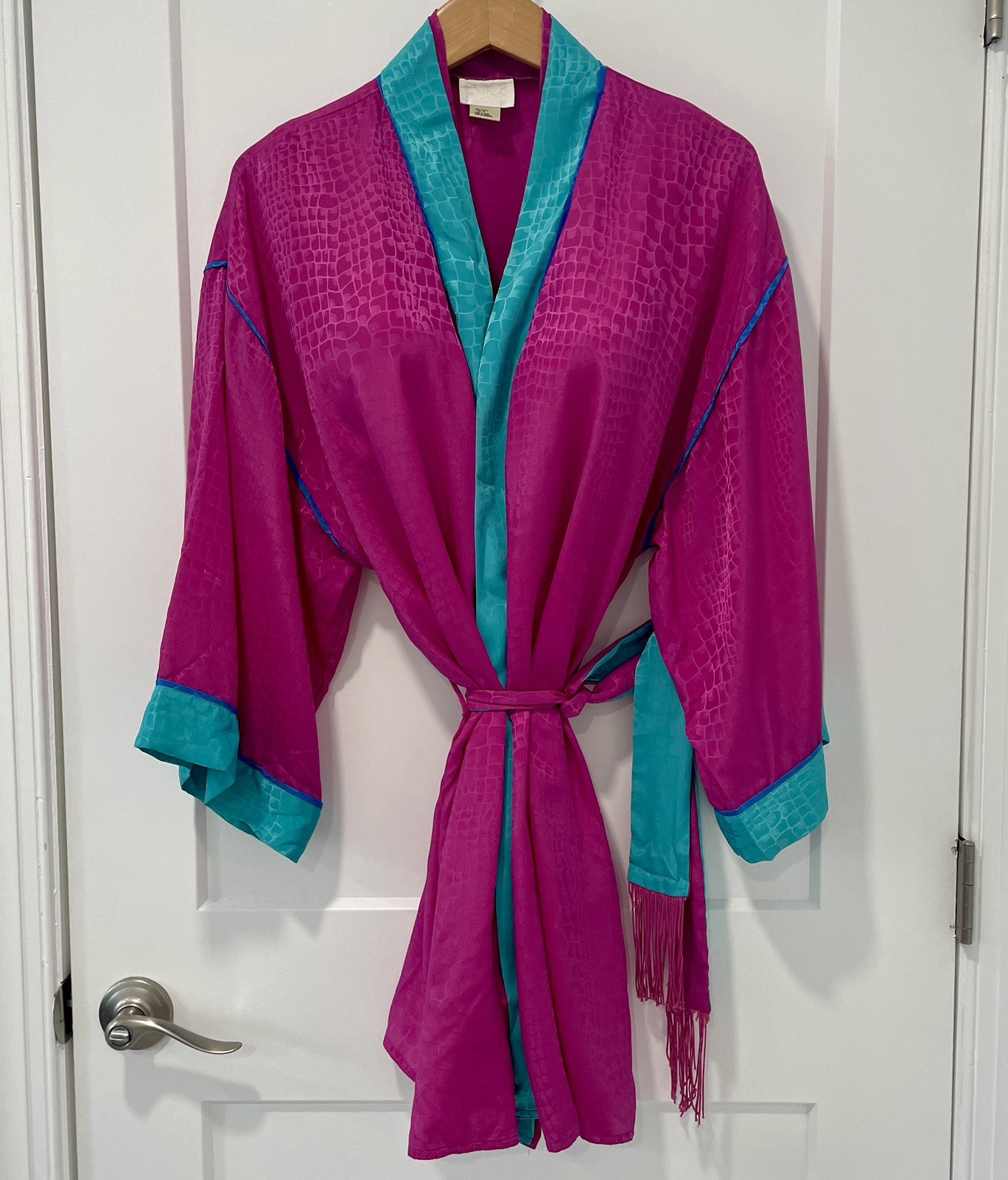 VNTG 80s 90s ENTICE Bill Tice Colorblock Pink Teal Reptile Kimono Jacket Robe (M