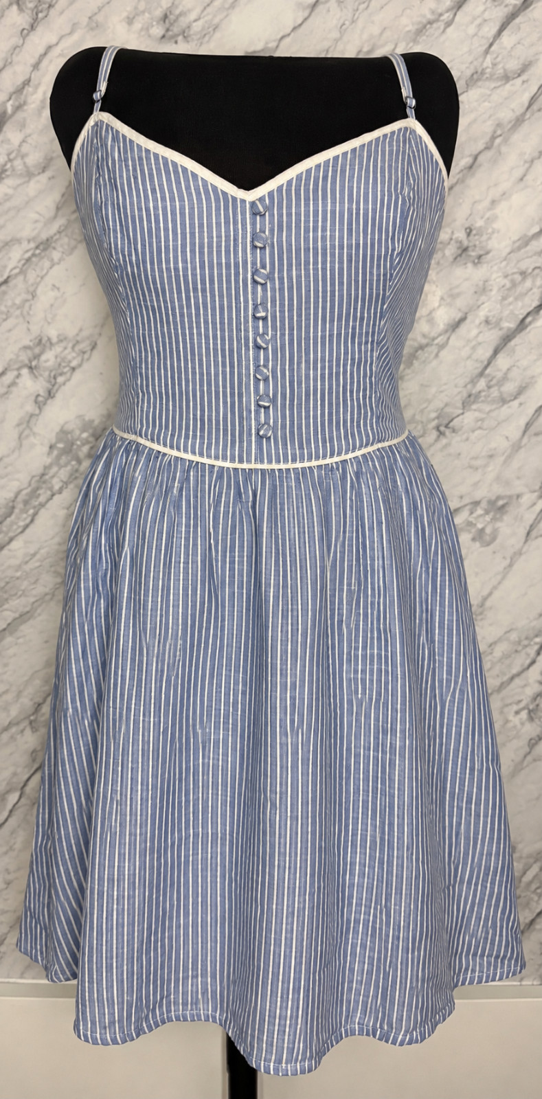 Abercrombie & Fitch Blue White Striped Sundress Smocked Back Button Front