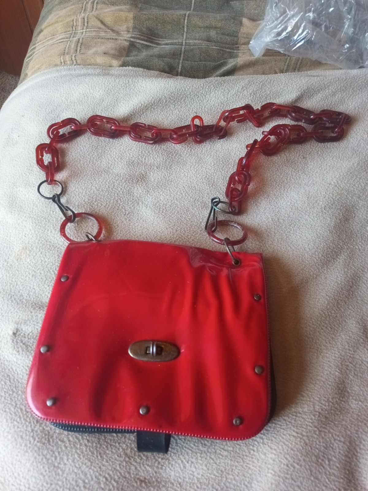 Vtg 1960s Red Vinyl Handbag Triple Pocket Mod MCM Chain Strap Shoulder Purse