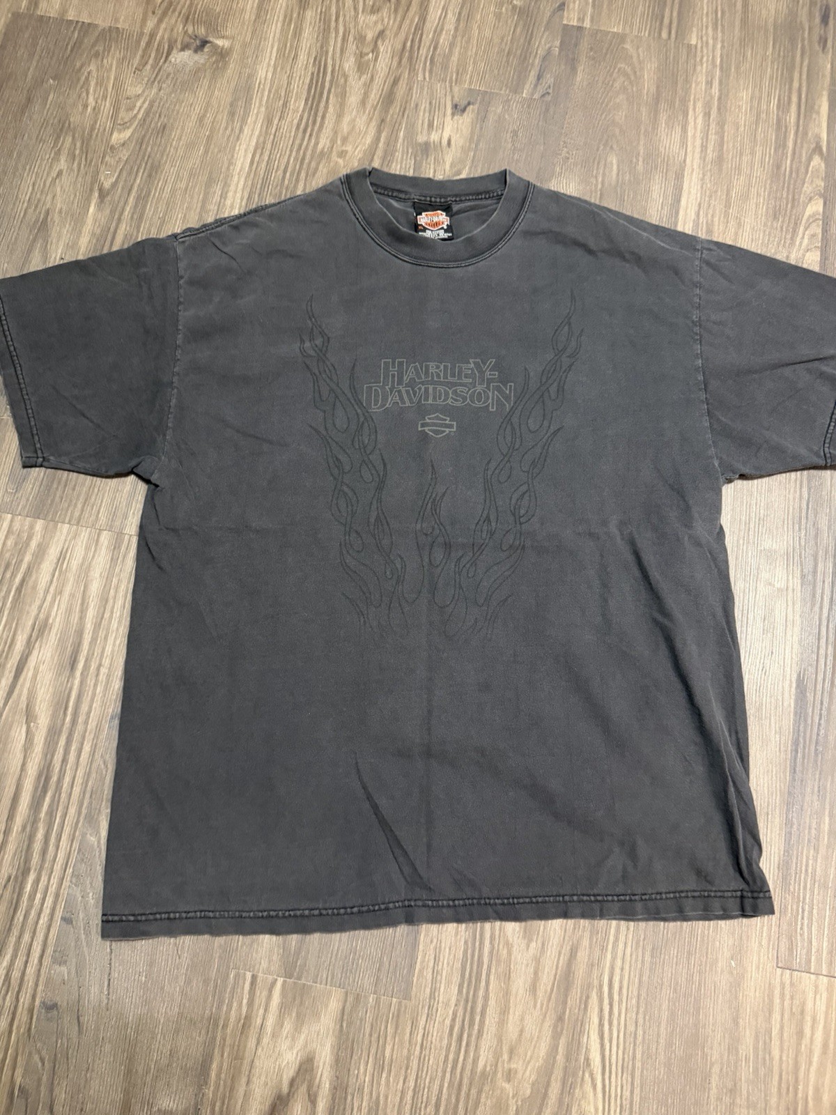 Vtg Harley Davidson V Flame Print Sleeve T-Shirt 90s Vintage Black Faded XL