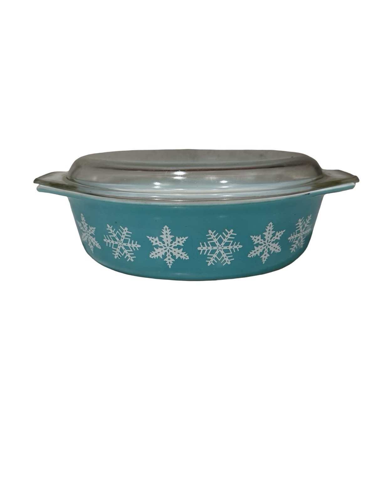 Pyrex 043 Turquoise Blue Snowflake Oval Casserole Dish with Lid 1-1/2qt