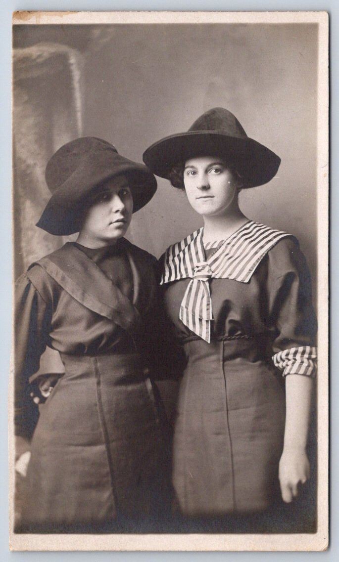 Antique Two Women Studio Portrait Sailor Collar Fashion RPPC