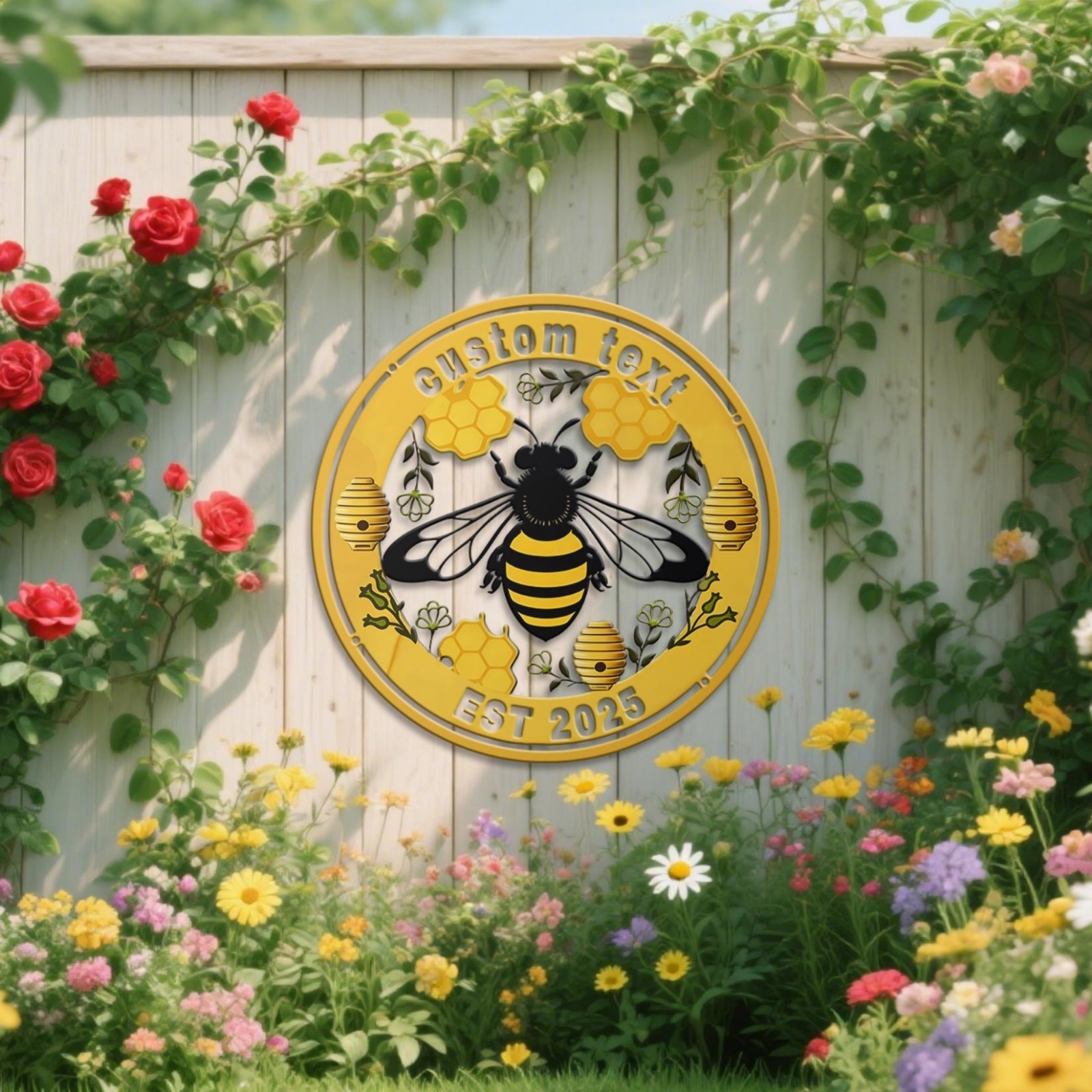 Personalized Floral Honey Bee Metal Sign, Bee Yard Decor for Home Gift