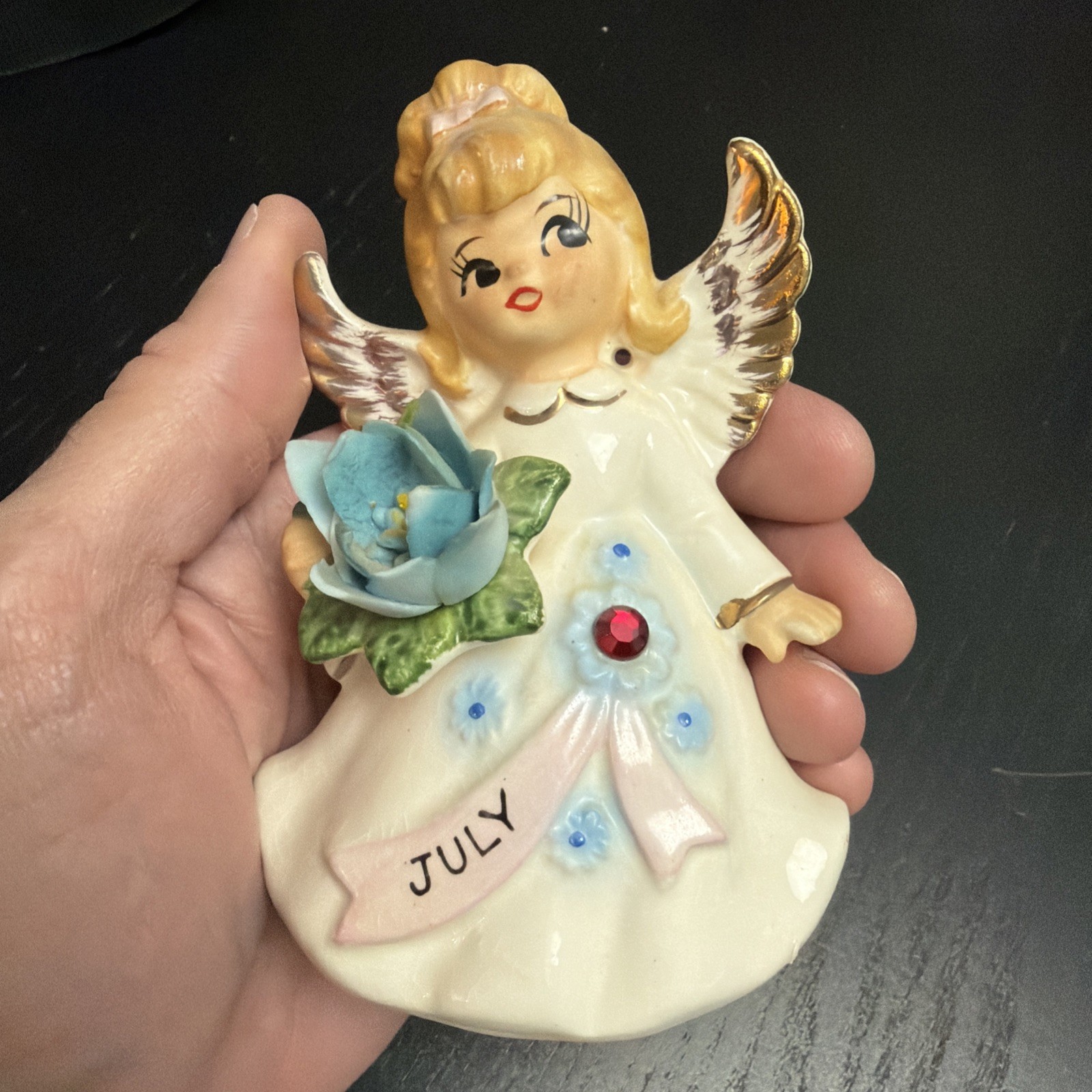 Vintage Lefton July Birthday Girl Angel Figurine 6224 4 1/2” Blue Flower Red Gem