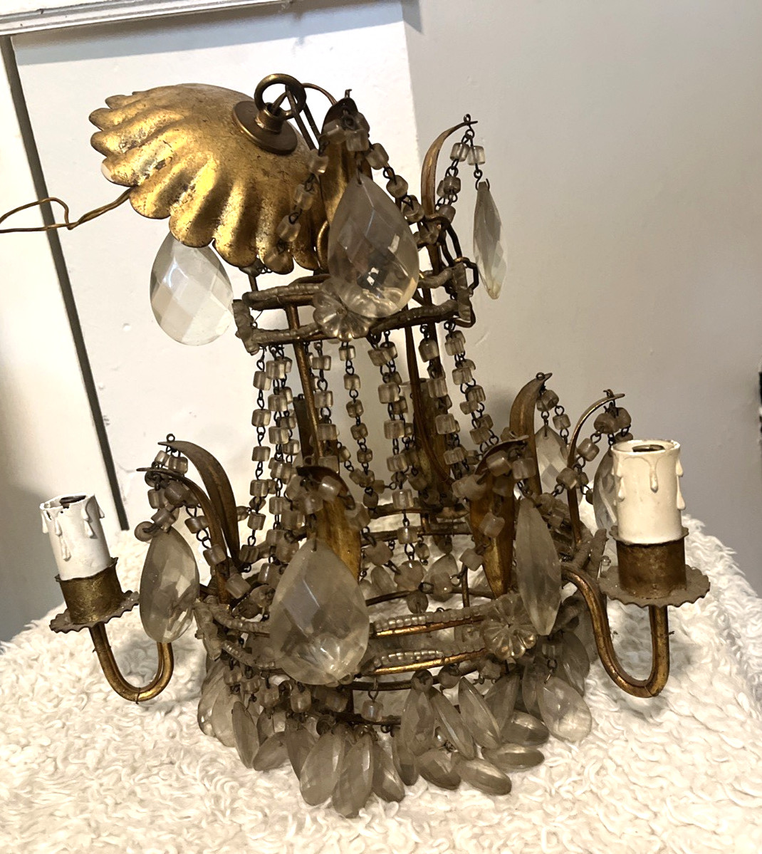 Vintage Italian Gold-Gilt Metal Macaroni Bead Crystal Chandelier Small 3 Light