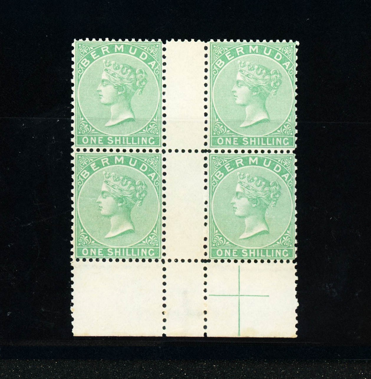 [BERMUDA] 1893 QV 1s SG11 SC9 Gutter Block of 4 Perf 14x12½ MNH VF CA2795