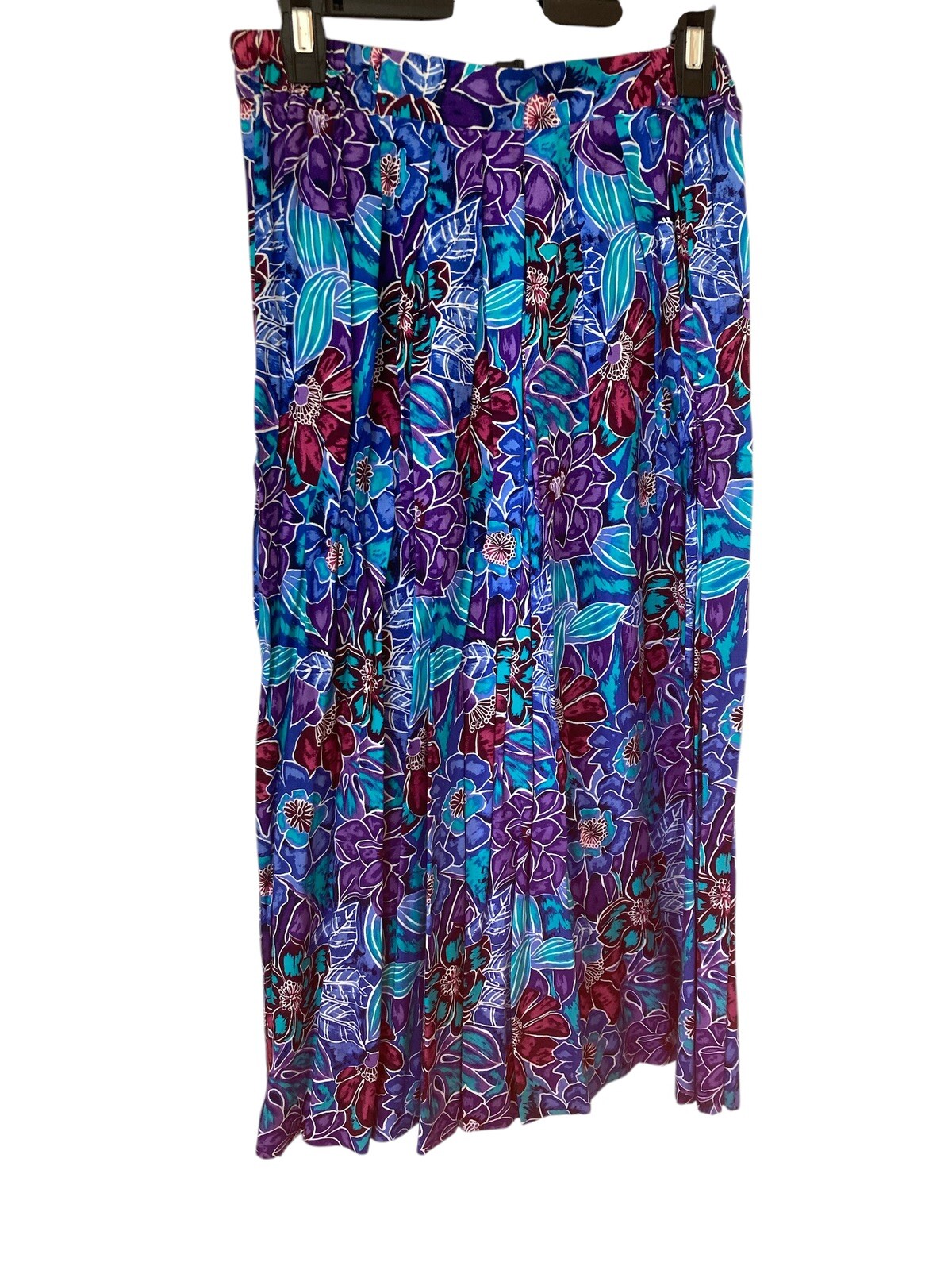 Vintage Silk Midi Skirt Sz 12 Teal Purple Floral A-Line Broomstick Boho