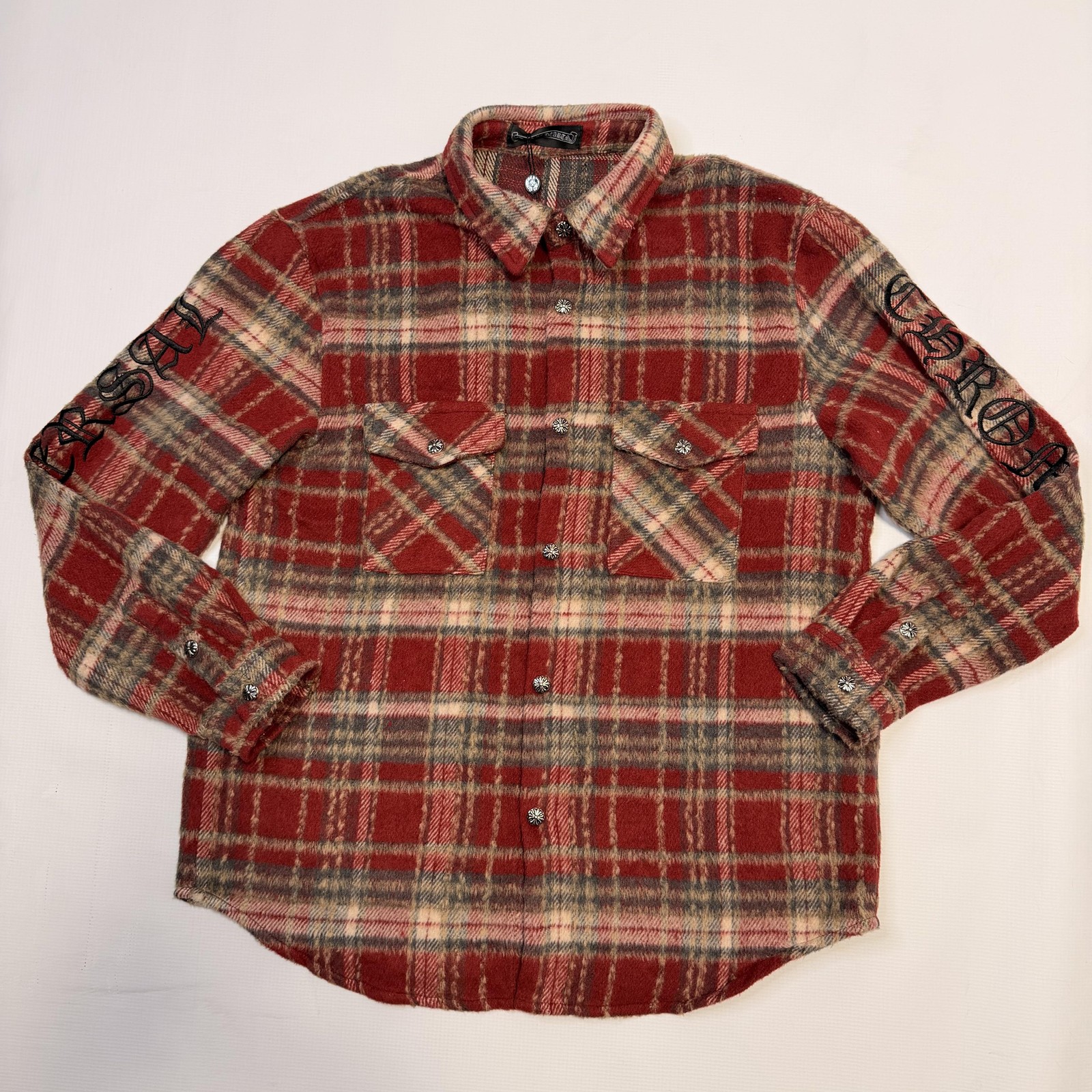 Chrome Hearts Shirt Mens Medium Red Plaid Flannel Leather Cross Long Sleeve USA