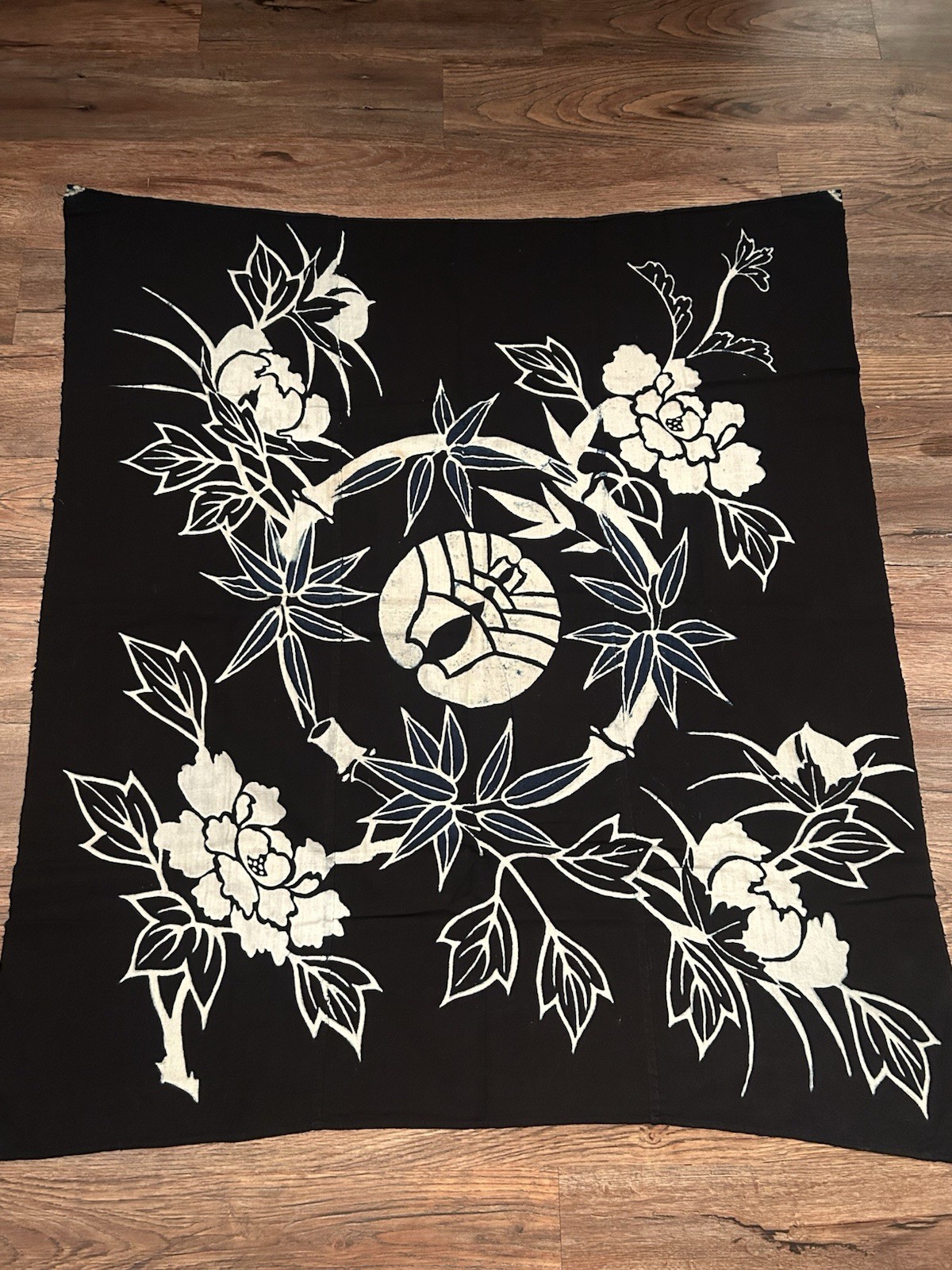 Vintage Japanese Tsutsugaki Indigo Textile Panel Aizome Cotton Peony  44x37