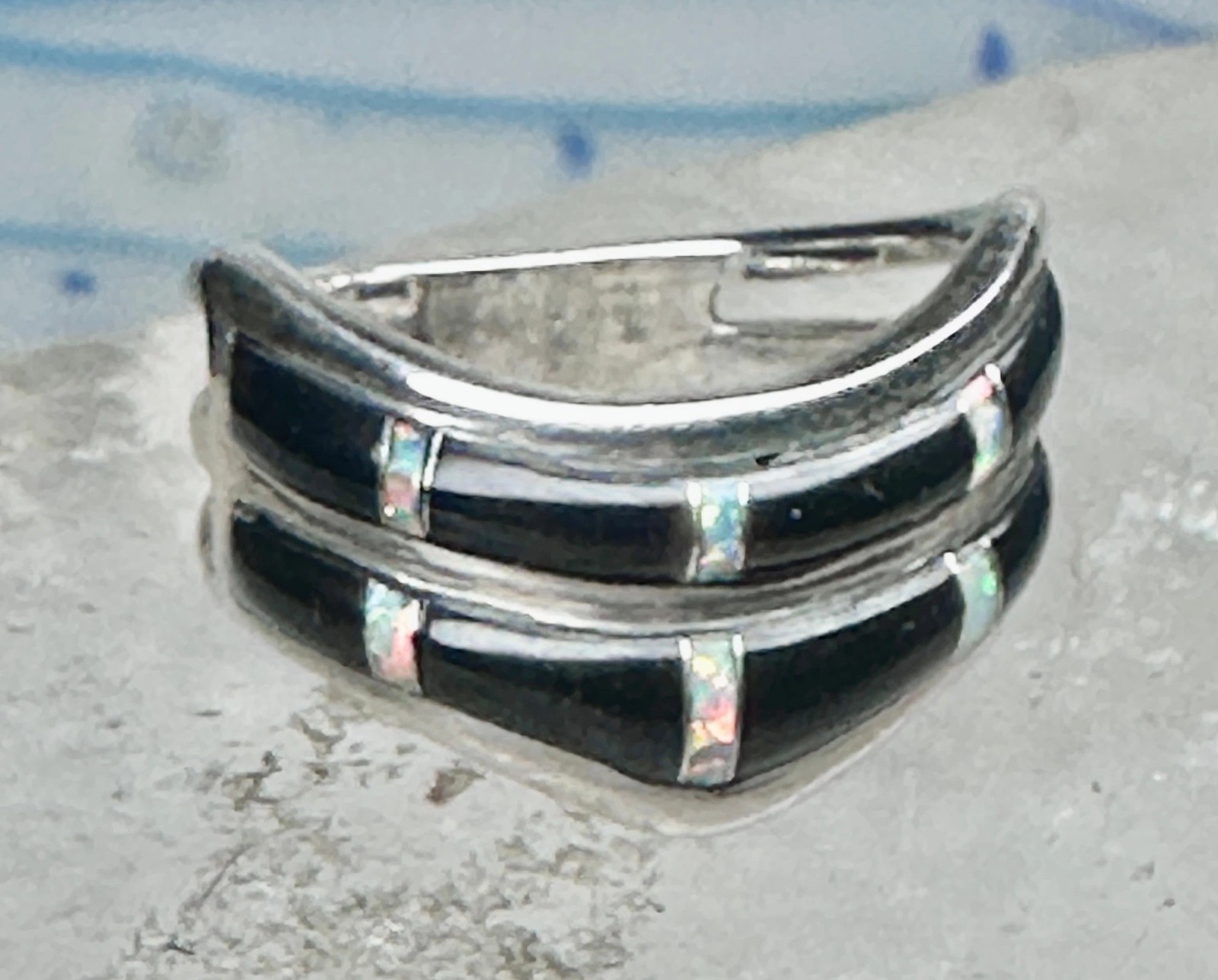 Vintage Sunbell Sterling Silver Black Onyx & Opal Inlay Band Ring Size 7.75 4.7g