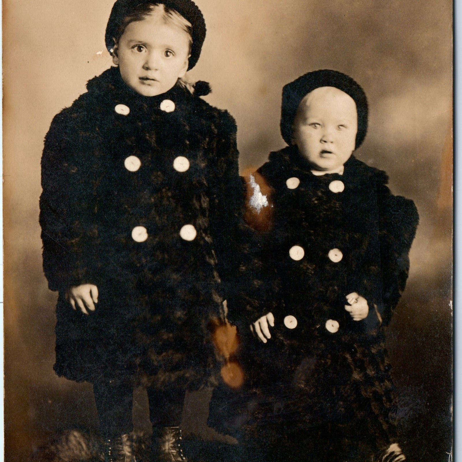 c1910s Clyde Swartz Children Winter Fur Coats Boots RPPC Antique Postcard