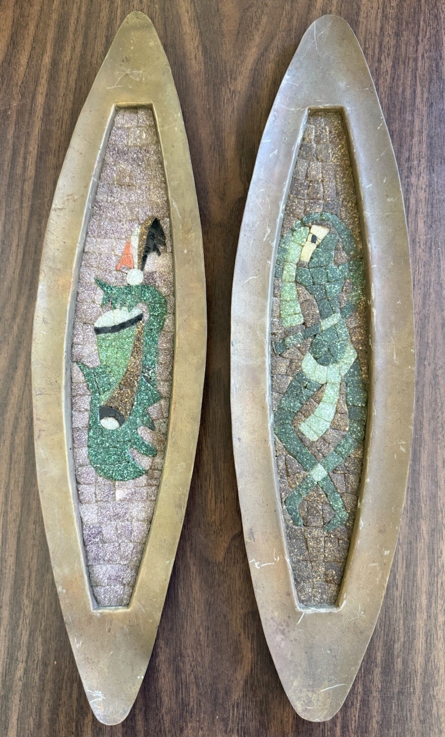 2 Vintage Salvador Teran Wall Hangings Hand-Wrought Brass Mosaic Tile See Pics