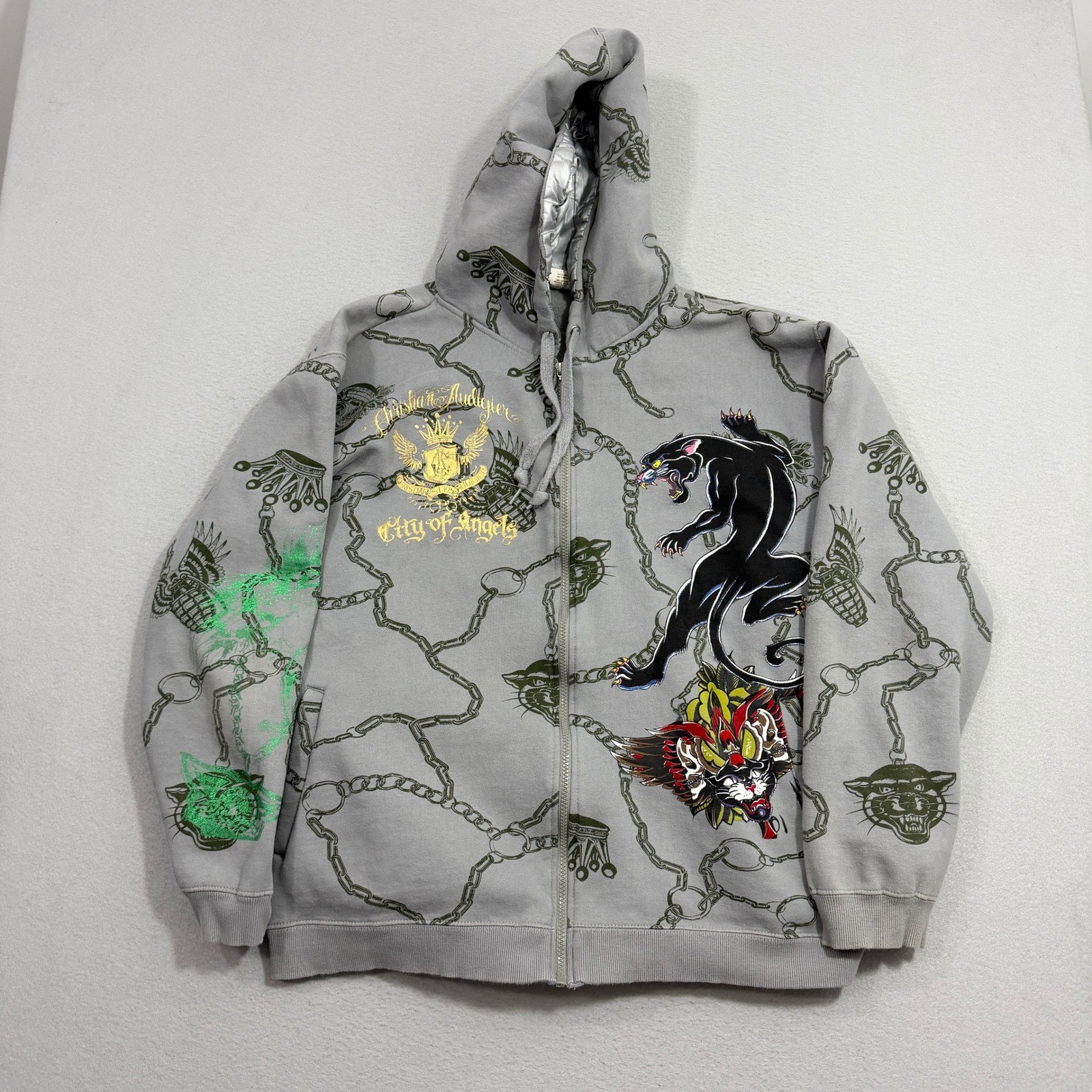Christian Audigier Hoodie XXL Gray City of Angels Panther Chain Print Zip Up
