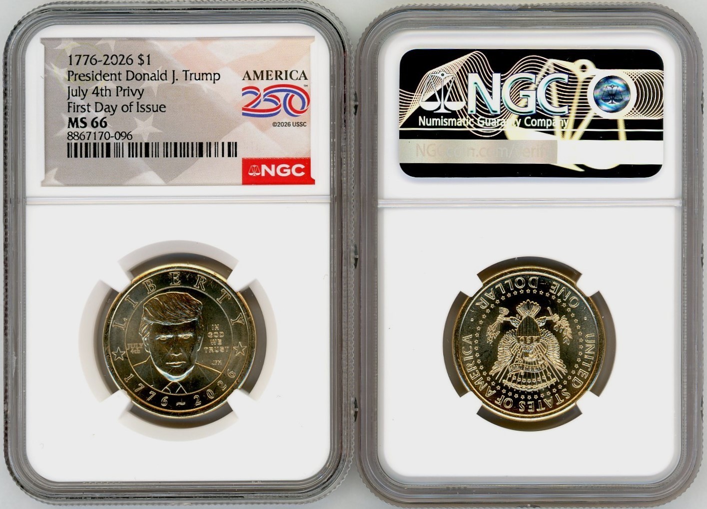 1776-2026 $1 Donald Trump Coin July 4th Privy MS66 NGC FDOI 250 label