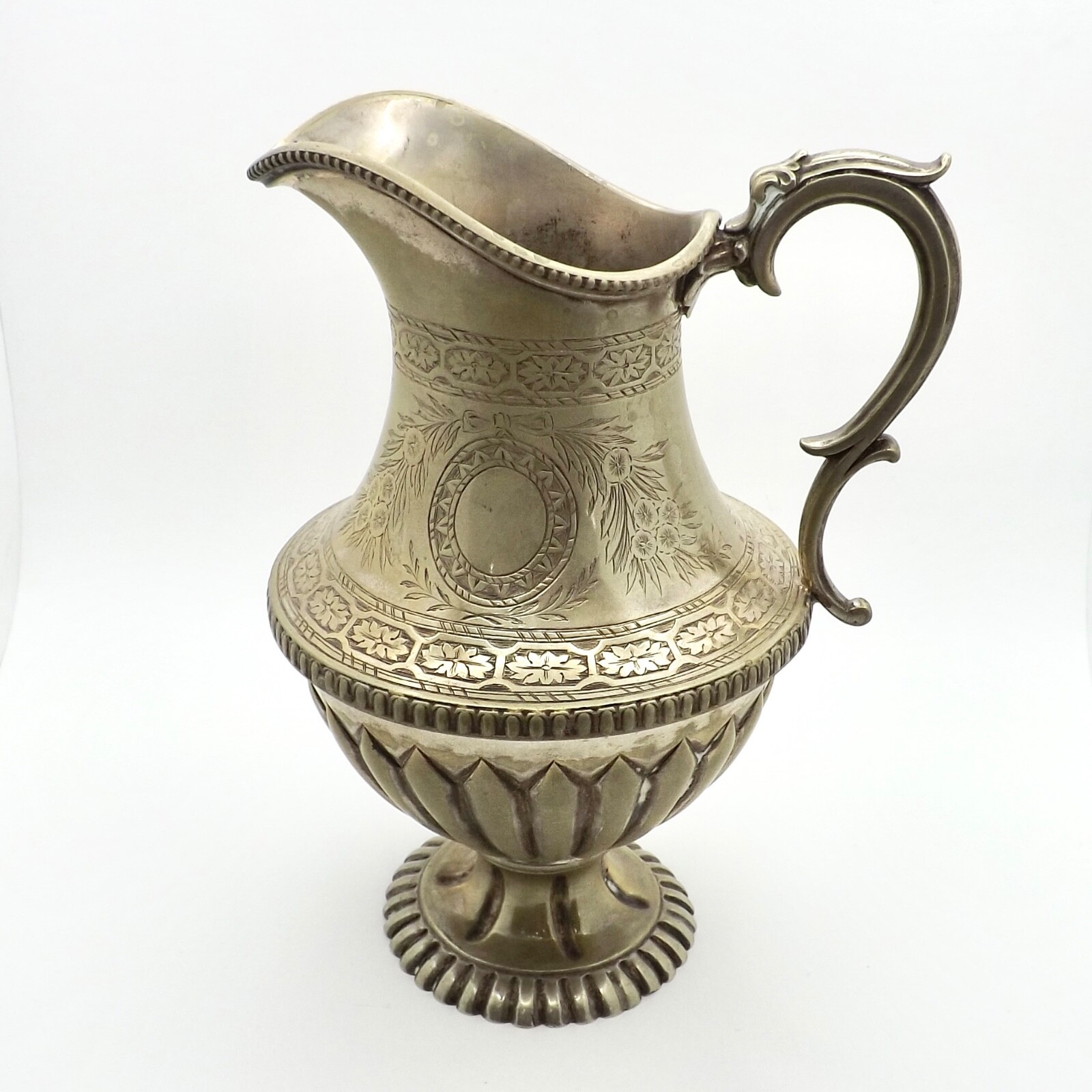 Antique Hand Etched Floral Water Jug Pitcher Silver Plate