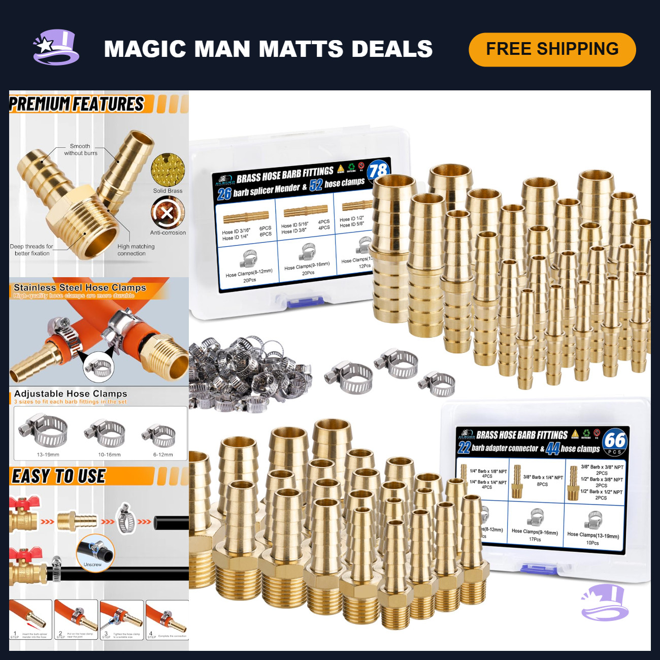 48PCS Brass Hose Barb Fittings Set with Clamps, Splicer Mender & Adapter Tools 48PCS Brass Hose Barb Fittings Set with Clamps, Splicer Mender & Adapter Tools