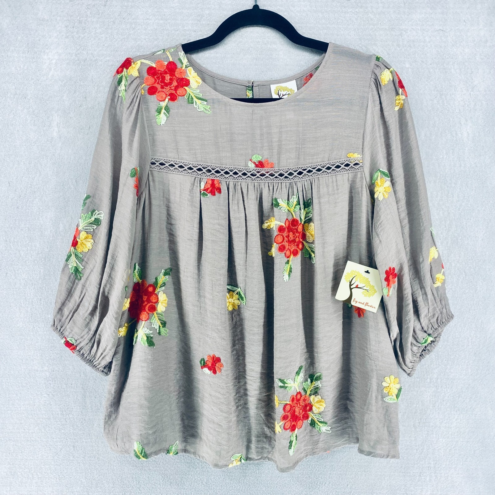 Anthropologie Fig & Flower Top Womens M Floral Embroidered Blouse NWT