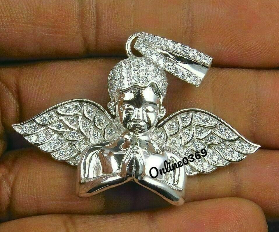 1.60ct Genuine Moissanite Men\'s Half Angel Wing Pendant White Gold Plated Silver