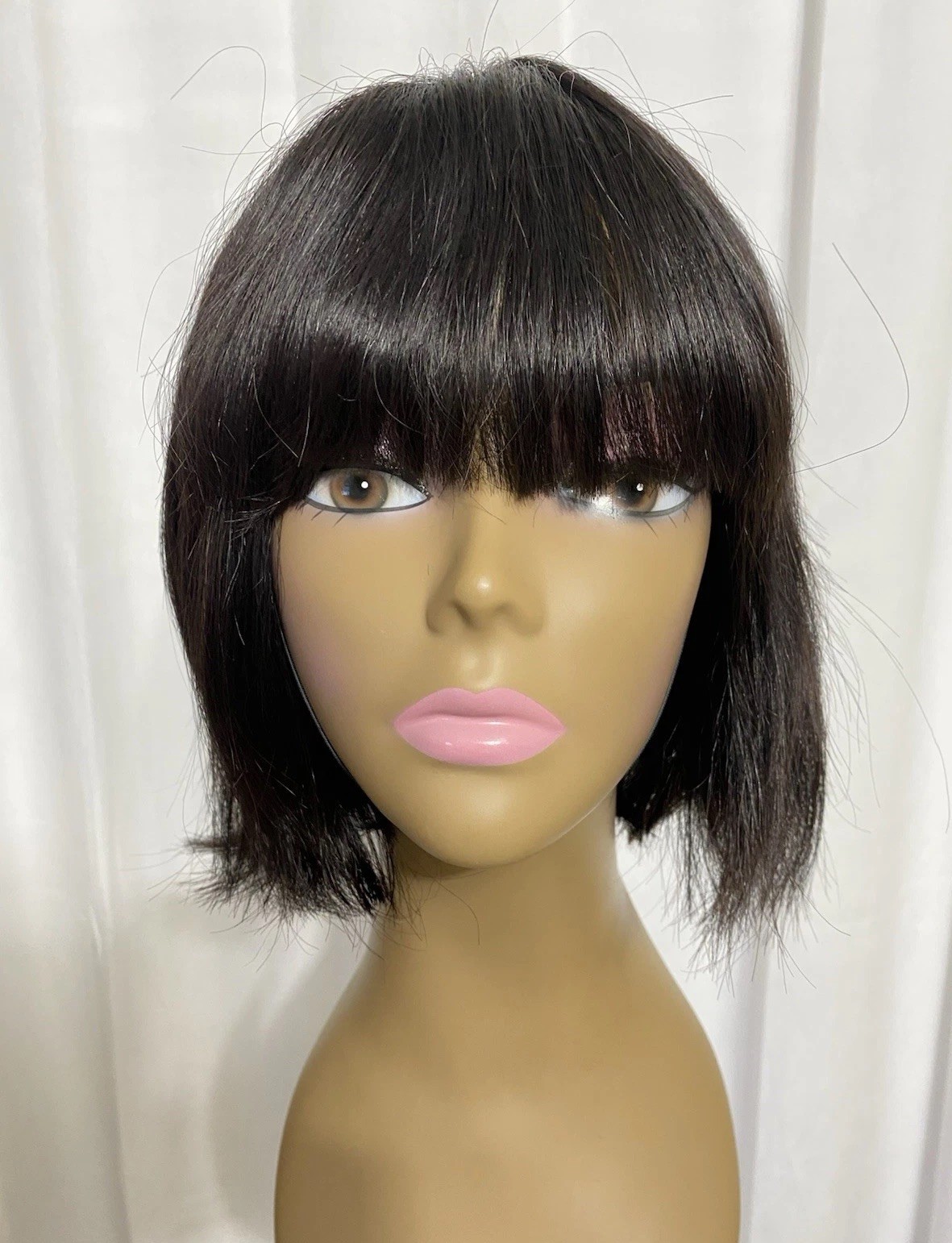 Natural Black Short Bob Wig With Bangs 100% Human Hair Glueless Non Lace