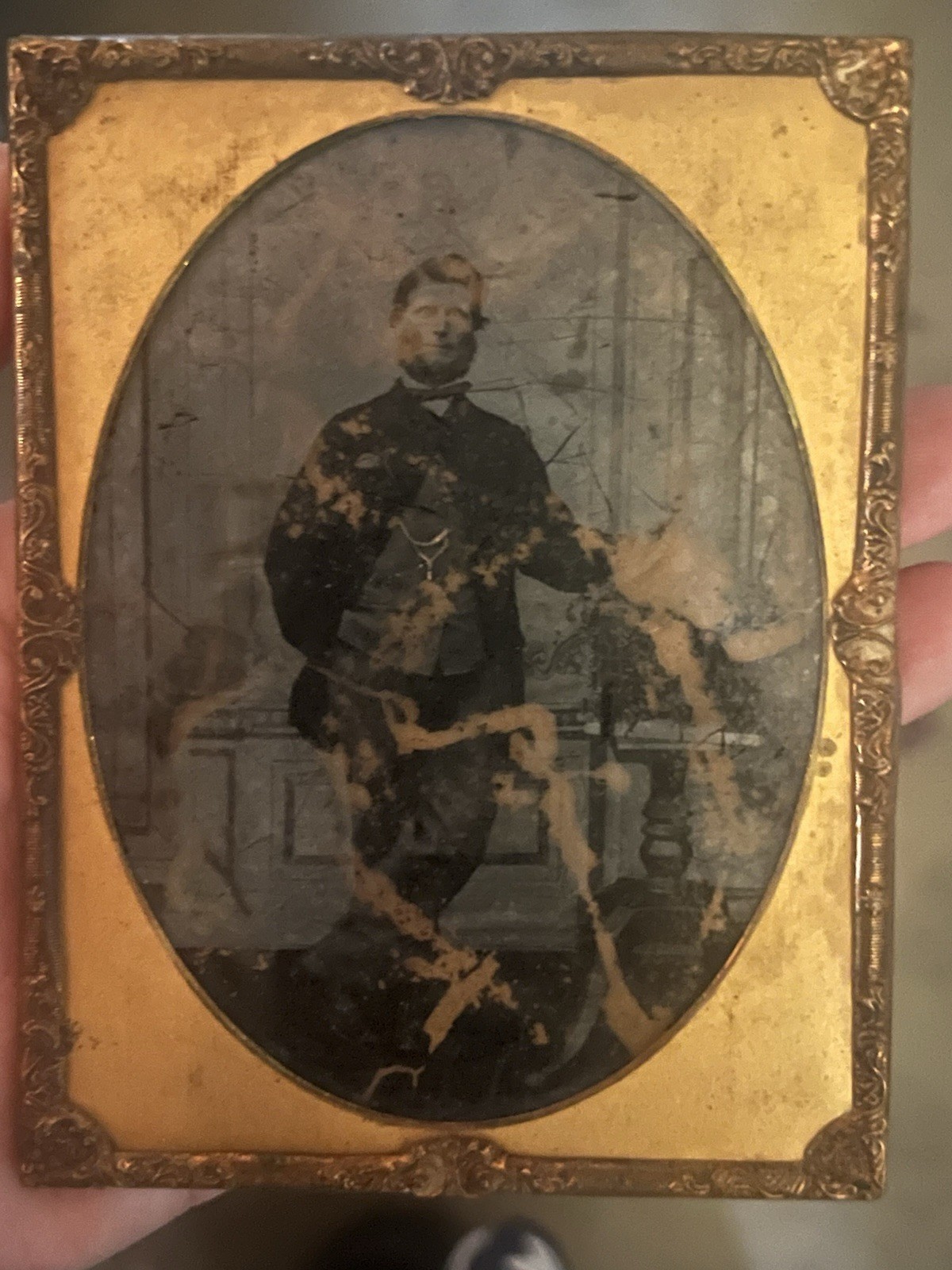 Antique Tintype Photo In Original Picture Frame Man Gold Embellishments 1863