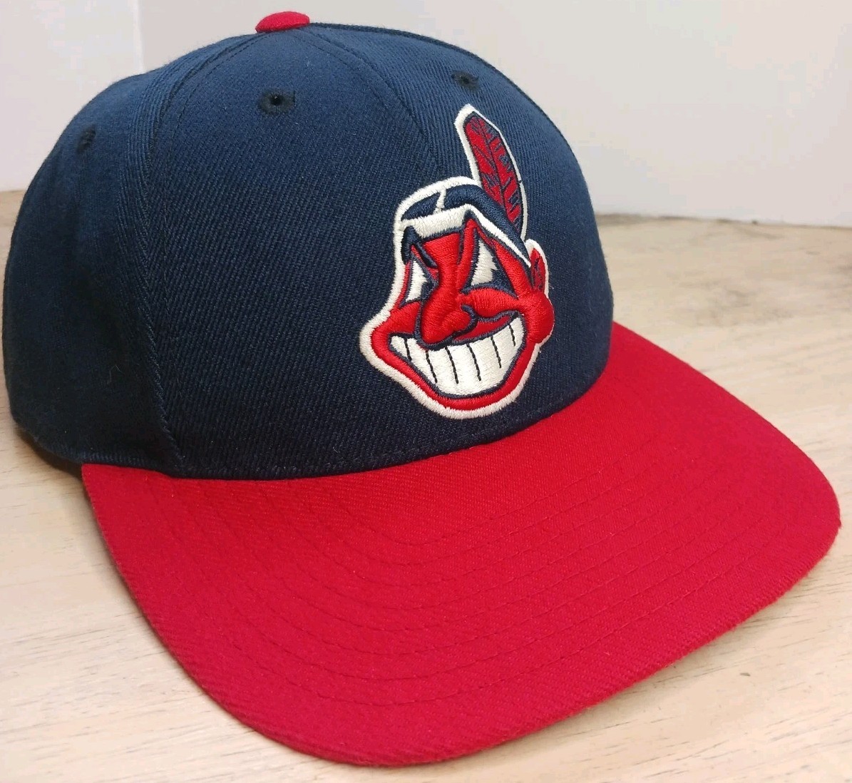 Vintage 90s Cleveland Indians Chief Wahoo Logo 7 Snapback MLB Hat Wool Blend