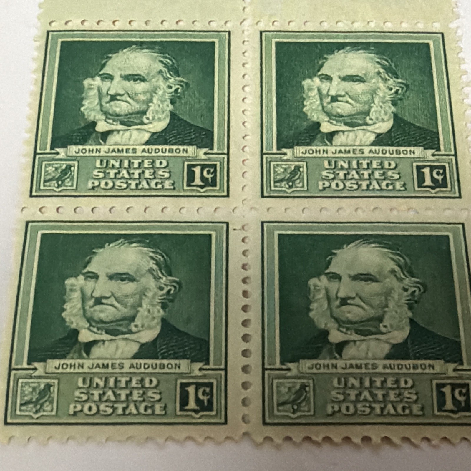 US Postage Stamps John James Audubon 1c Green Plate Block of 4 Face $0.04