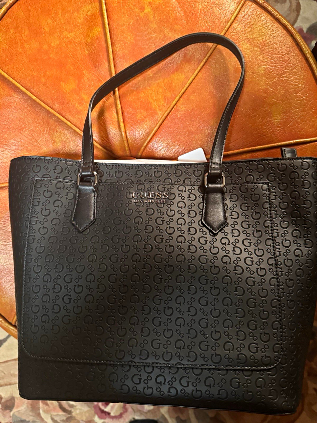 GUESS Hensley Black Embossed Logo Zip Top Tote Detachable Strap Pockets GUESS Hensley Black Embossed Logo Zip Top Tote Detachable Strap Pockets