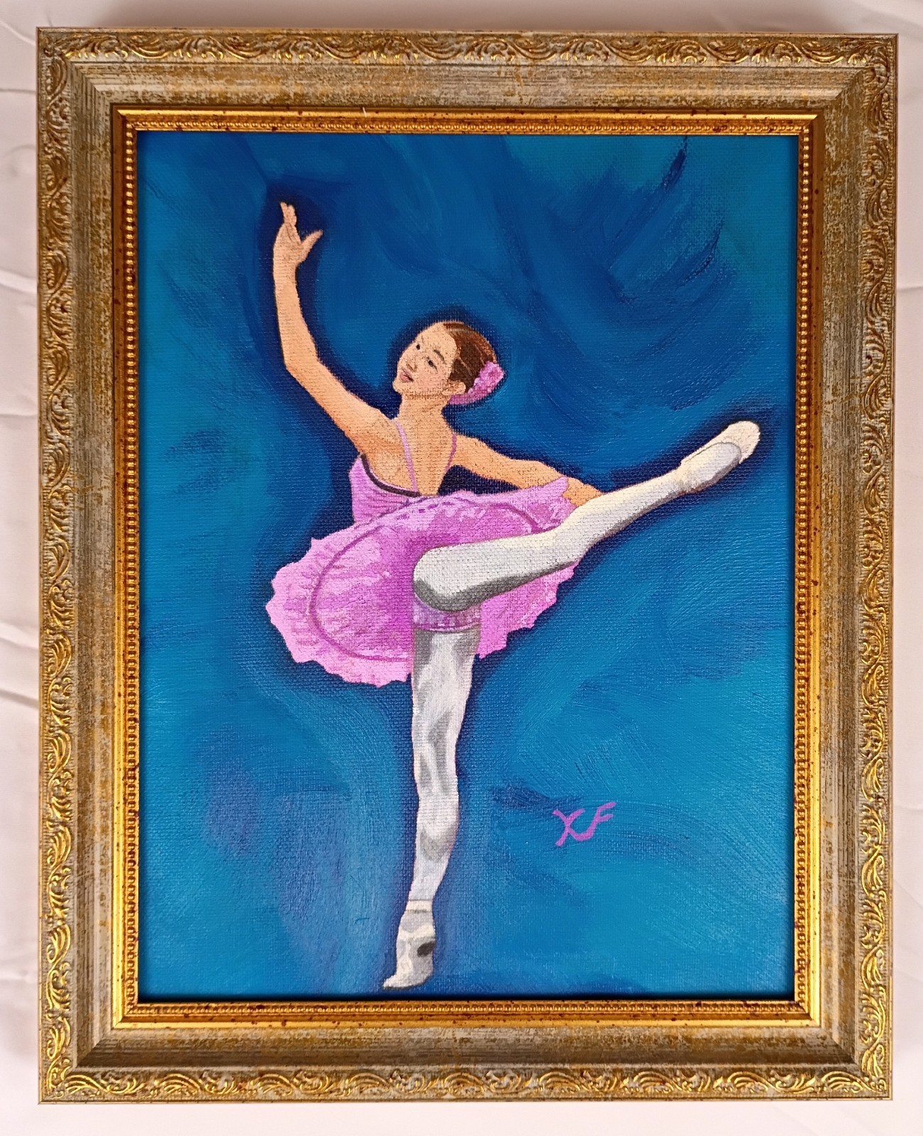 Original Oil Painting Ballerina Ballet Dancer Fine Art Framed Pink Tutu Wall Mcm