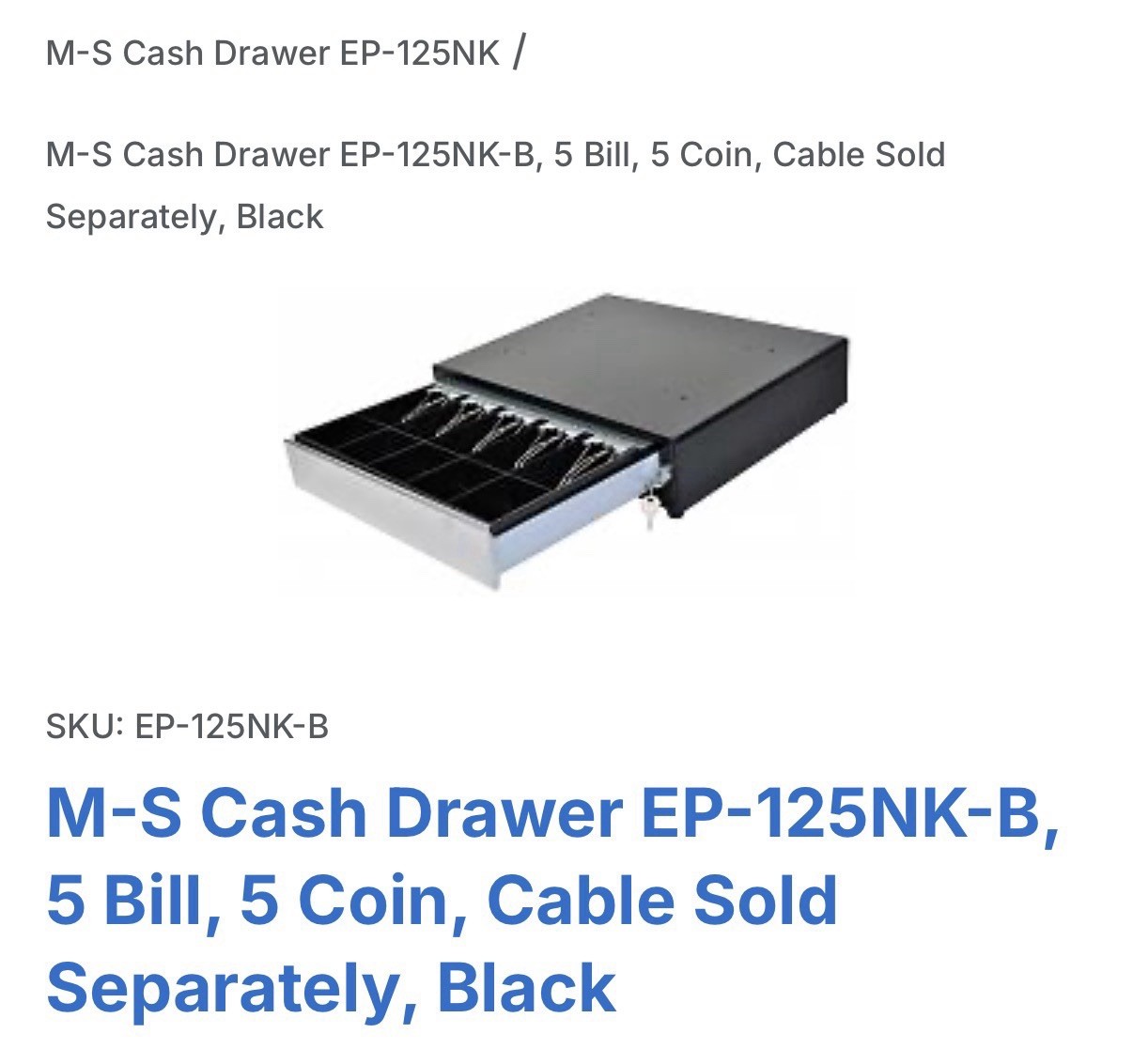 NEW M S Cash Drawer EP 125NK B, 5 Bill 5 Coin Print Interface 2 Keys, Money Till
