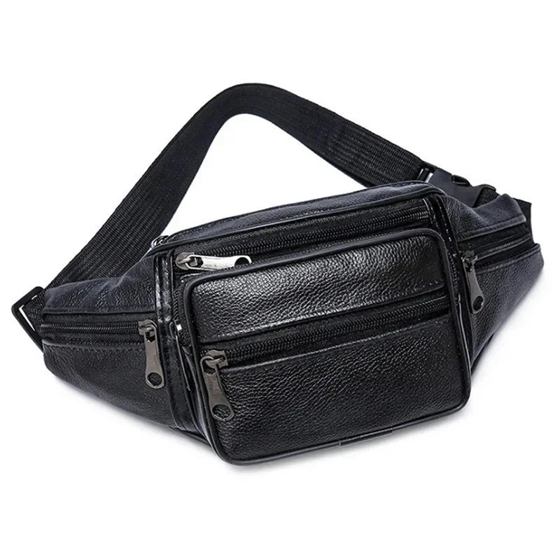 Genuine Leather Fanny Pack Multi Zippered Waist Bag Hip Belt Purse Black Pouch