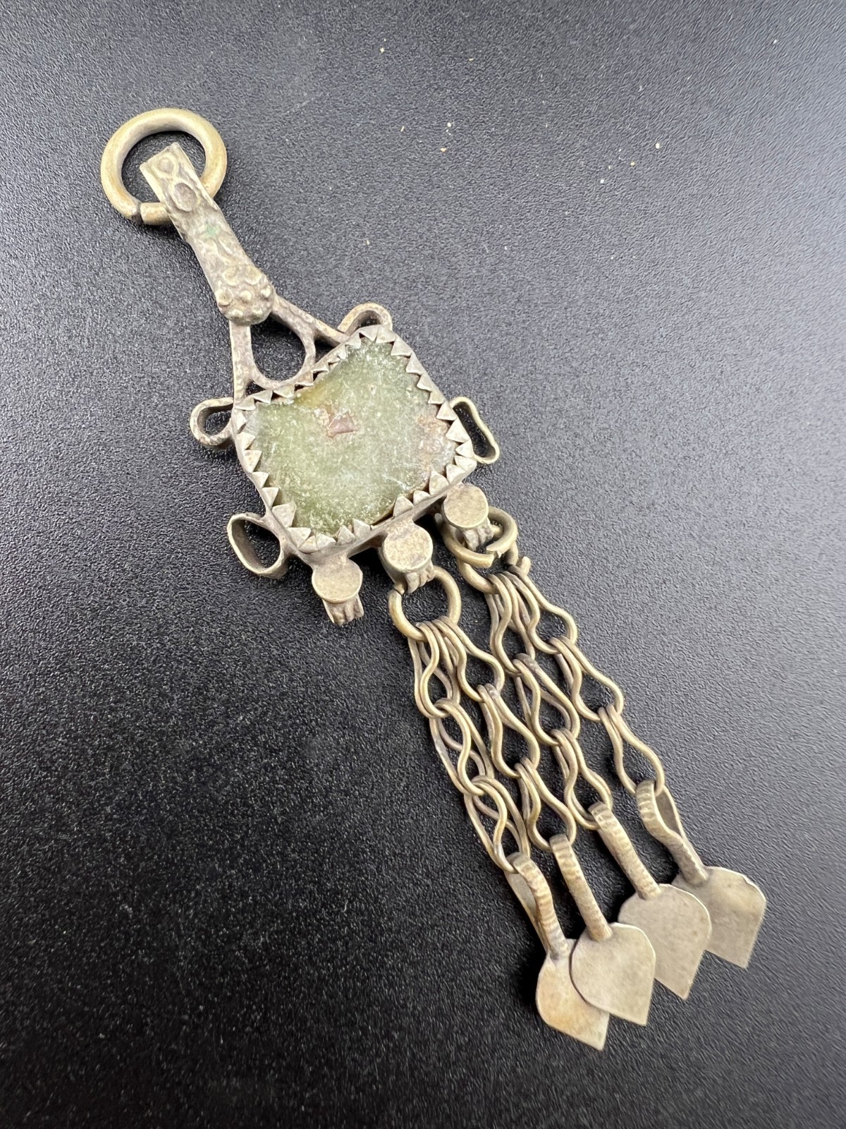 Vintage Tribal White Metal Pendant Green Stone Square Kuchi Boho Dangles 3.5\