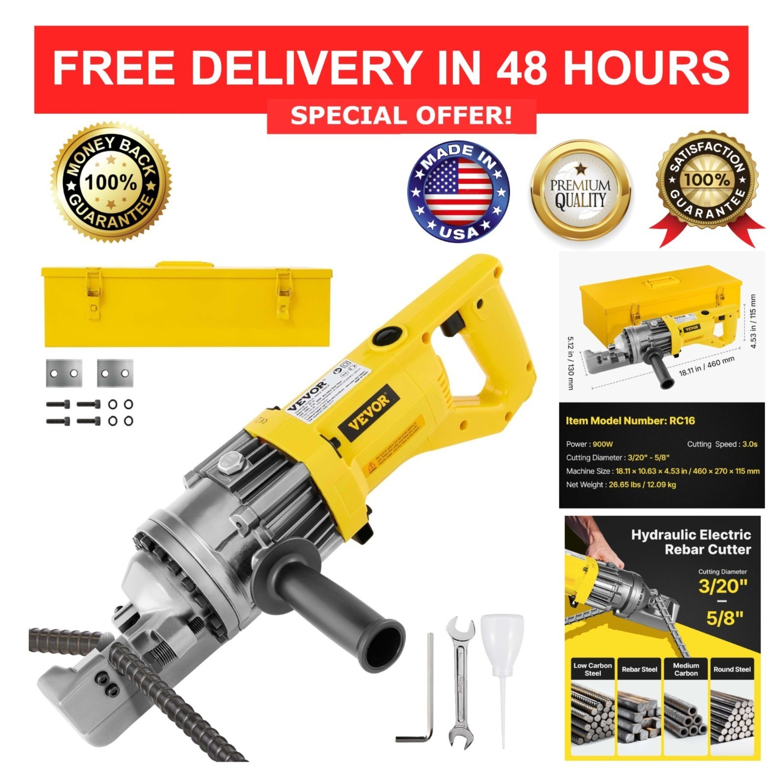 VEVOR Electric Rebar Cutter 900W Portable Hydraulic Rebar Cutting Machine 110V