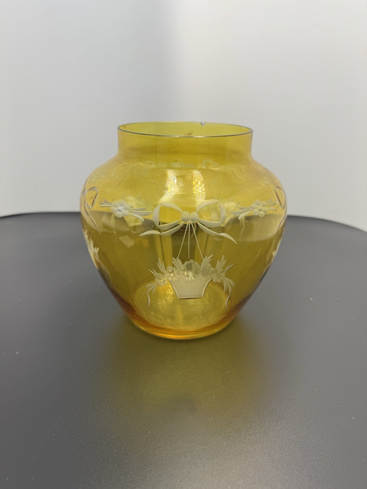 Antique Bohemian Amber Glass Vase Jar Etched Ribbon Bow Flower Basket Cut 6 Antique Bohemian Amber Glass Vase Jar Etched Ribbon Bow Flower Basket Cut 6
