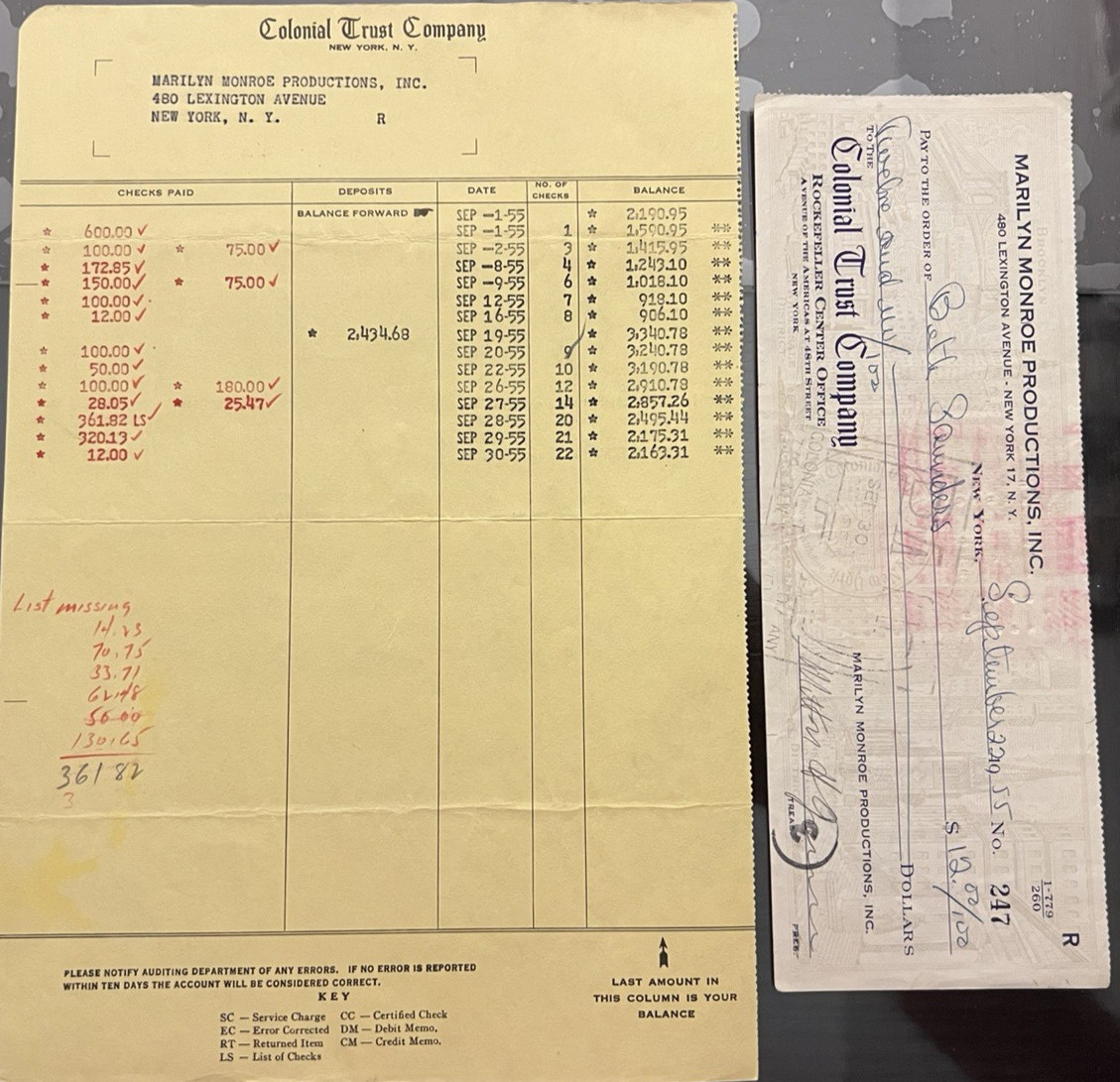 MARILYN MONROE PROD CRAZY RARE ORIG 1955 BANK STATEMENT W/CHECK APPEARING ON IT