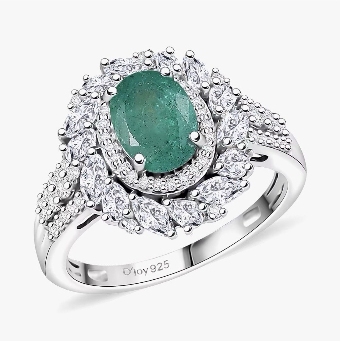 DJoy Womens Kagem Zambian Emerald/ Moissanite Floral Burst Halo Engagement Ring