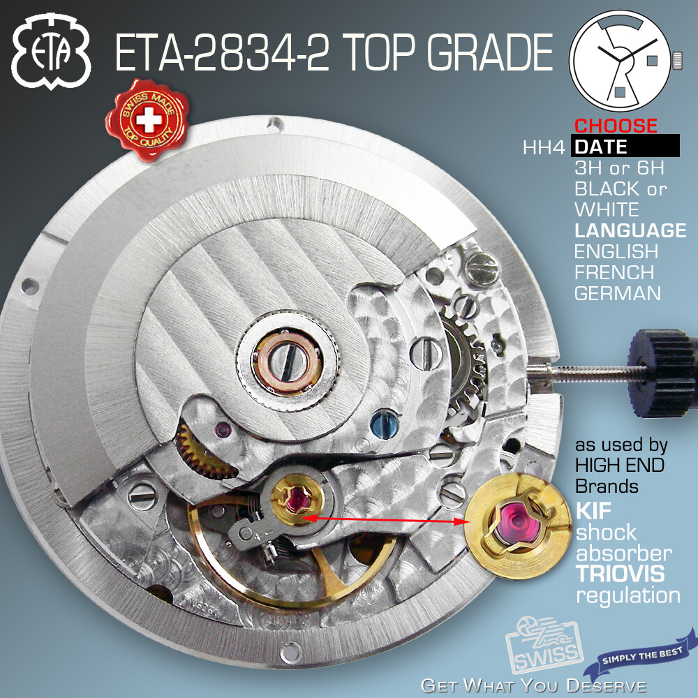 MOVEMENT AUTOMATIC ETA 2834-2, TOP GRADE GLUCYDUR, KIF - TRIOVIS,  HH4, SS SCREW