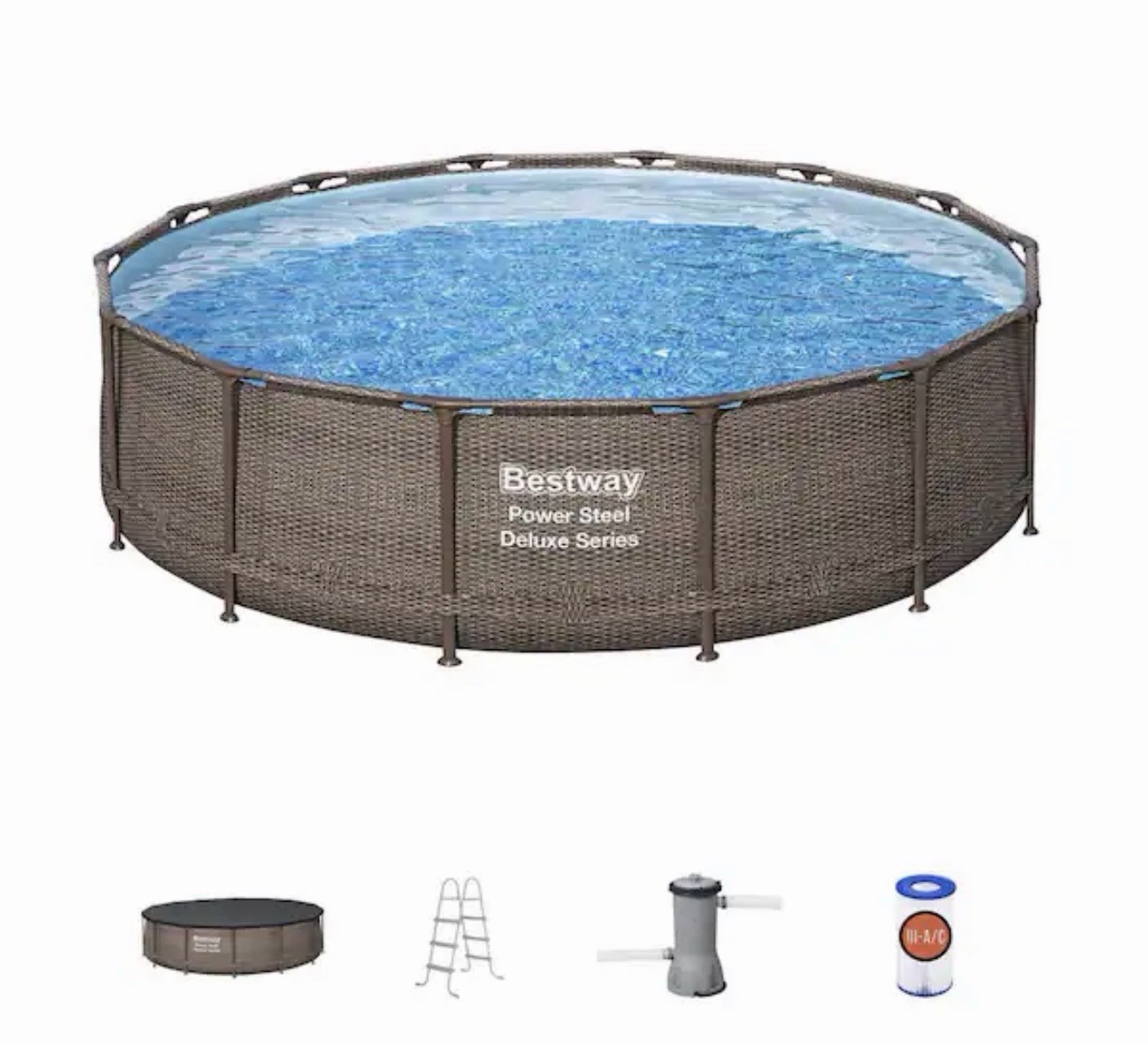 Bestway Power Steel Deluxe 14 ft. Round 42 in. Deep Above Ground Pool Set 15123E Bestway Power Steel Deluxe 14 ft. Round 42 in. Deep Above Ground Pool Set 15123E