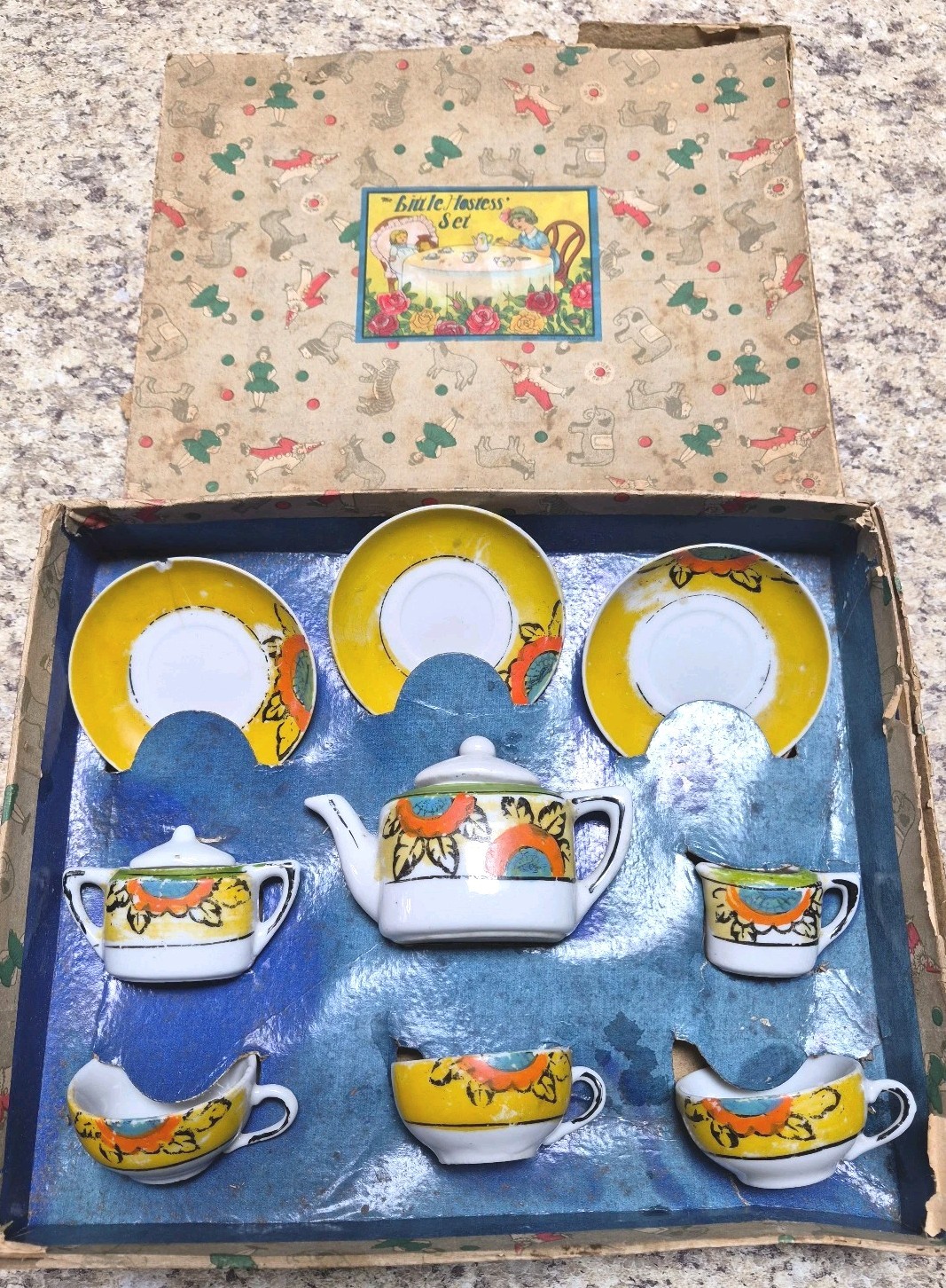 Vtg 1930s Little Hostess Child Toy Tea Set Japan Lusterware Crescent Saucer Box