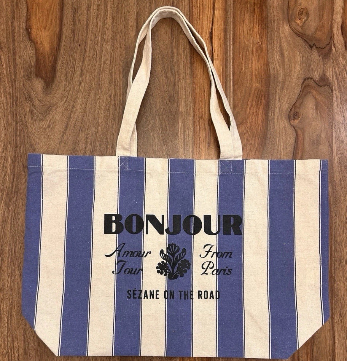 Sezane Blue White Stripe Bonjour Canvas Tote Bag New