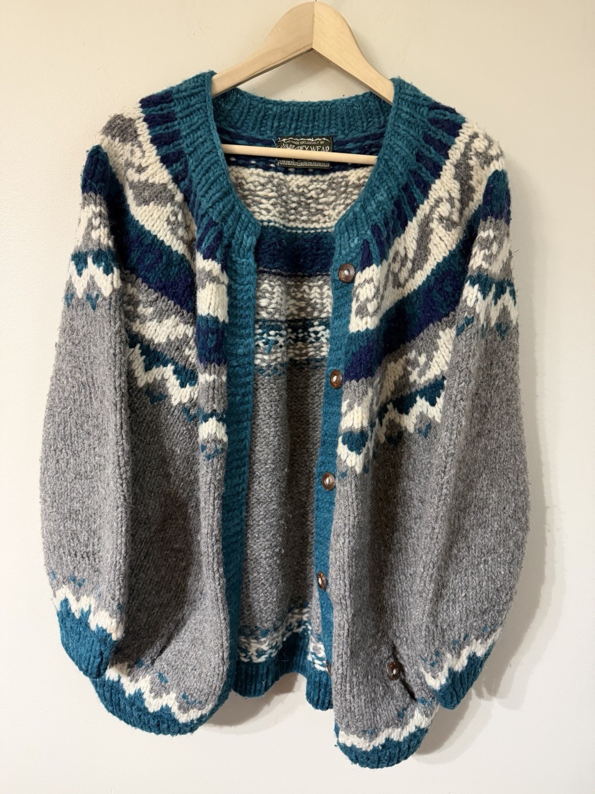 Vintage Rey Wear Wool Cardigan Sweater Fair Isle Handmade Ecuador L/XL Hippie