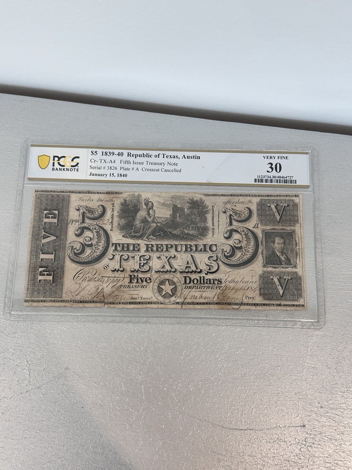 1840 PMG Choice F15 - Austin Republic of Texas $5 Five Dollar Note PCGS 30 Grade 1840 PMG Choice F15 - Austin Republic of Texas $5 Five Dollar Note PCGS 30 Grade