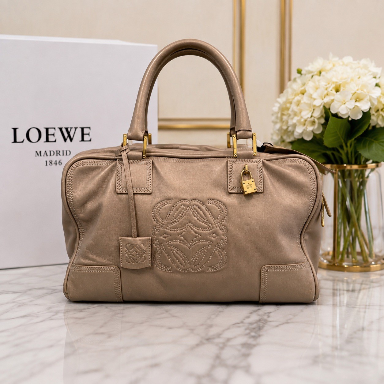 Authentic Loewe Amazona Taupe Beige Embossed Anagram Leather Satchel Bag