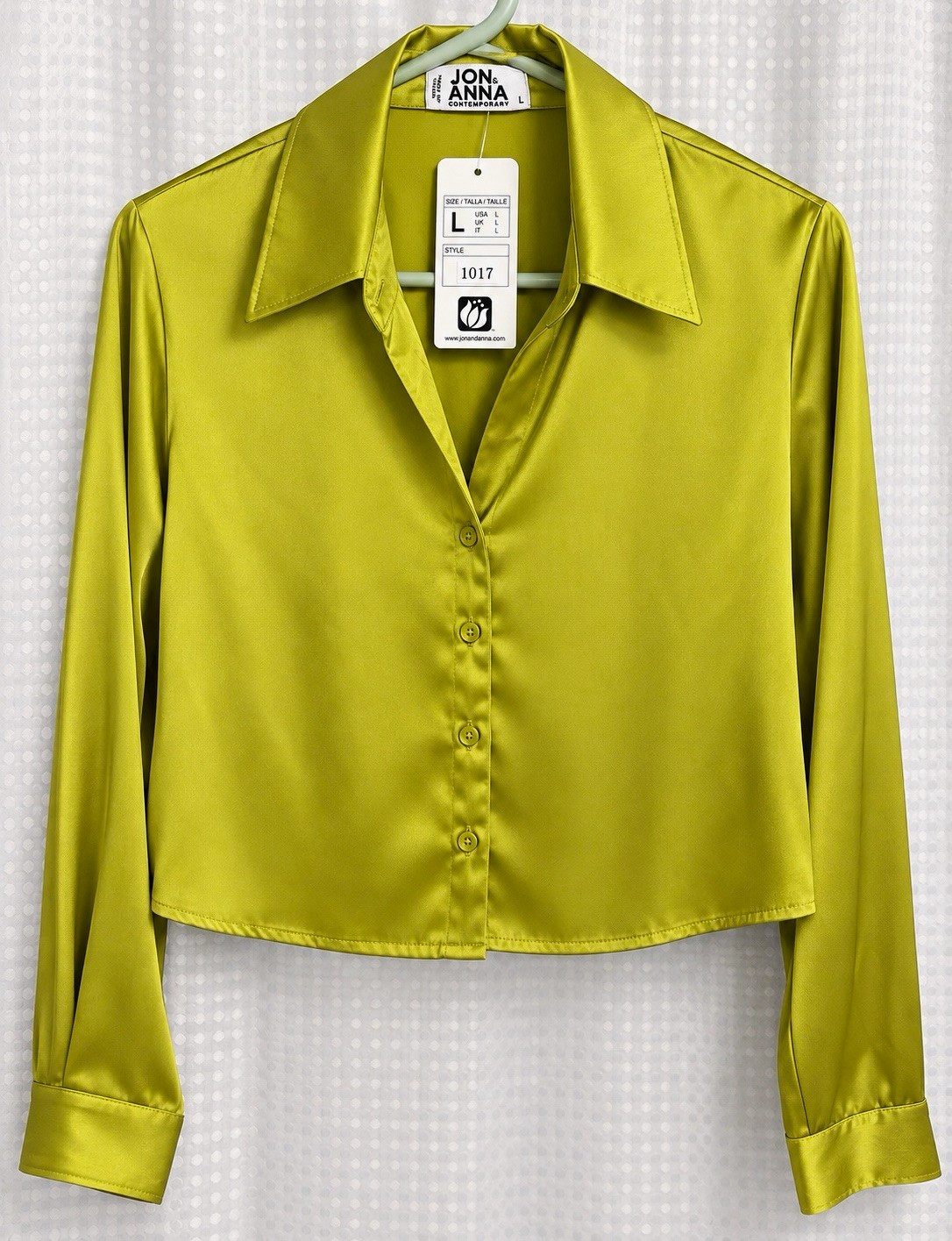 Jon & Anna Women\'s Green Satin Button Front Collared Long Sleeve Blouse L 1017