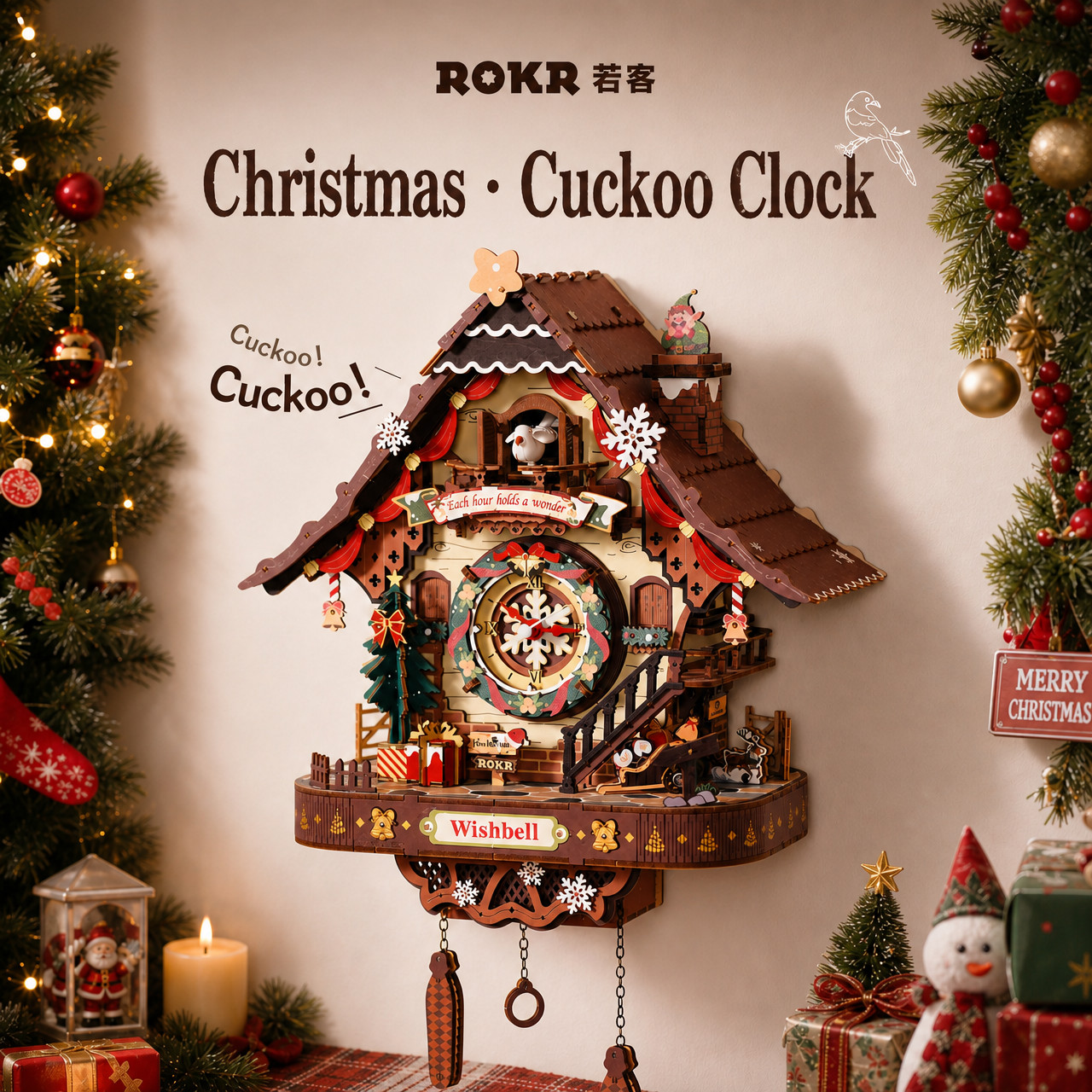 ROKR Christmas Cuckoo Clock 3D Wooden Puzzle Mechanical Model Building Toy Gift ROKR Christmas Cuckoo Clock 3D Wooden Puzzle Mechanical Model Building Toy Gift