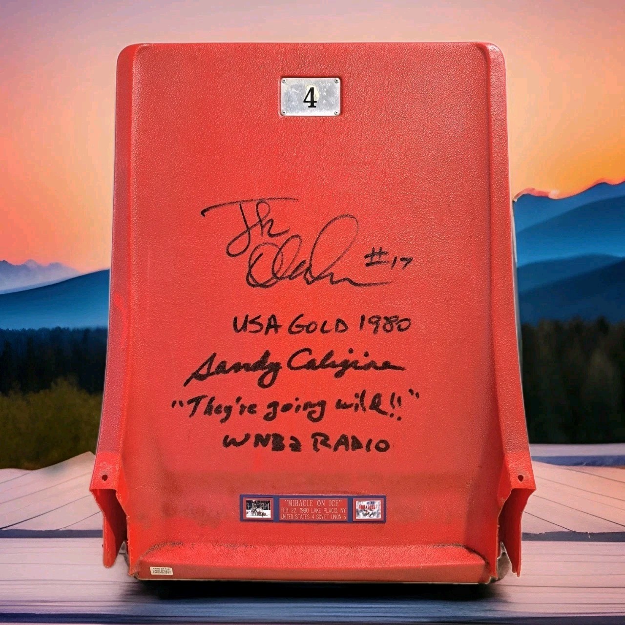 Miracle On Ice Seat Back Signed by Jack O\'Callahan and Sandy Caligiore USA 1980