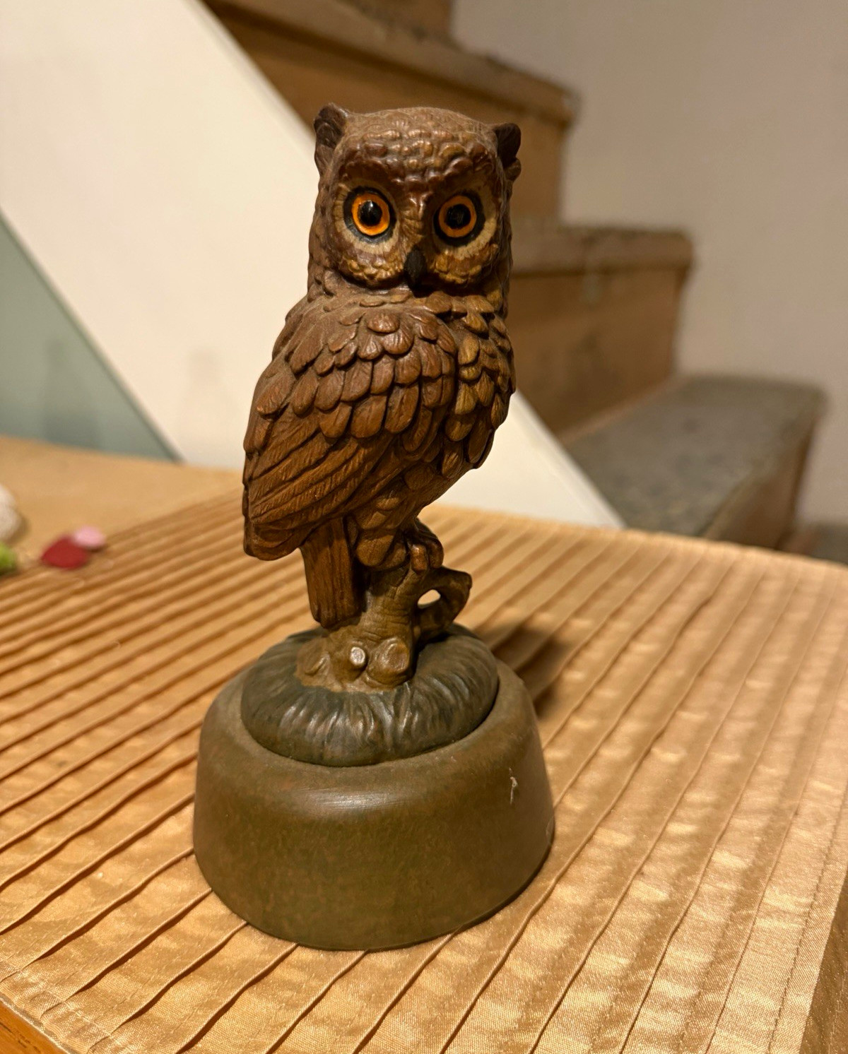 Vintage 1970s Faux Carved Wood Owl Figurine Amber Eyes Resin Woodland Décor Vintage 1970s Faux Carved Wood Owl Figurine Amber Eyes Resin Woodland Décor
